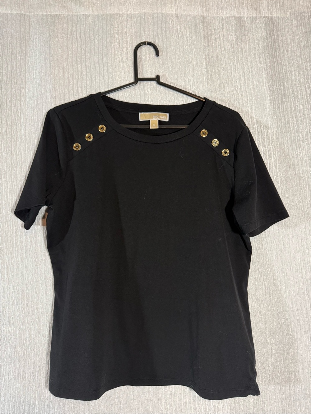Michael Kors Black Short Sleeve Tee with Gold Shoulder Buttons